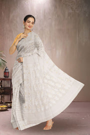 White Handloom Jamdani Style Cotton Saree 10072422