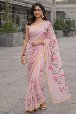 Pink Hand Painted Chiffon Saree 10073497