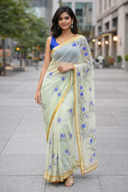 Cream Hand Painted Chiffon Saree 10073498