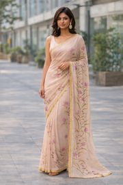 Beige Hand Painted Chiffon Saree 10073499