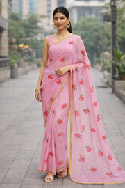 Pink Hand Painted Chiffon Saree 10073500