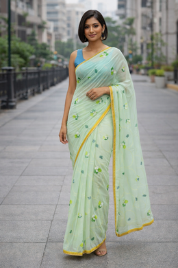 Green Hand Painted Chiffon Saree 10073501