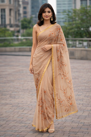 Brown Hand Painted Chiffon Saree 10073502