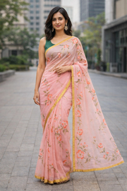 Peach Hand Painted Chiffon Saree 10073504
