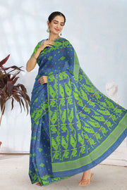 Blue Handloom Jamdani Style Cotton Saree with Blouse 10074221