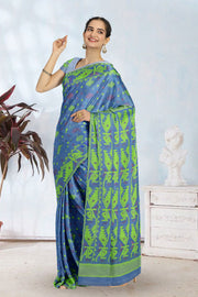 Blue Handloom Jamdani Style Cotton Saree with Blouse 10074221