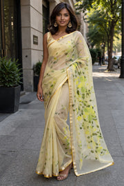 Yellow Hand Painted Chiffon Saree 10074701