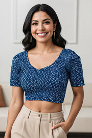 Blue Zigzag Design Indigo Hand Block Print Cotton Blouse 10074566