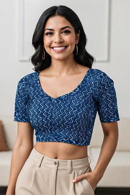 Blue Zigzag Design Indigo Hand Block Print Cotton Blouse 10074566