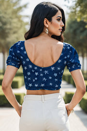 Blue Star Motif Indigo Hand Block Print Cotton Blouse 10074570