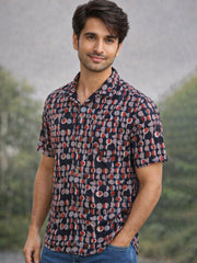Black Half Sleeve Jahota Printed Cotton Mens Shirt 10074315