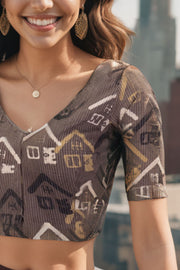 Brown Ajrakh Printed Cotton Blouse 10073362