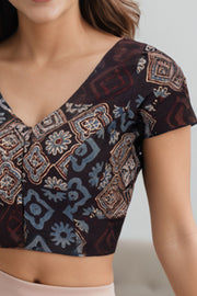 Black Hand Block Ajrakh Printed Cotton Blouse 10074451