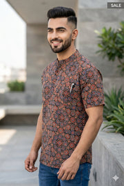 Ajrakh Printed Cotton Men's Kurta With Slim-Fit Design & Front Pocket 10076893
