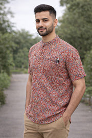 Ajrakh Cotton Men's Short Kurta With Slim-Fit Design & Front Pocket 10076895