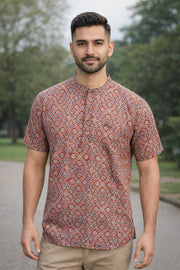 Ajrakh Cotton Men's Short Kurta With Slim-Fit Design & Front Pocket 10076895