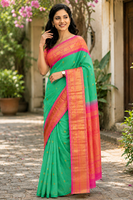 Teal Green Gadwal Kuttu Handloom Silk Saree With Pink Zari Border 10077202