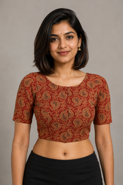 Red Cotton Block Printed Padded Blouse 10077152