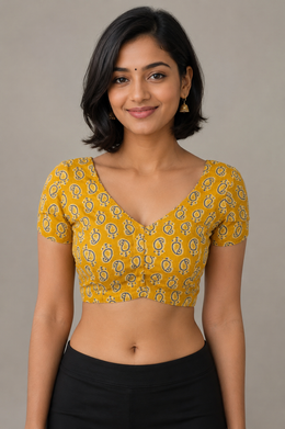Yellow Cotton Hand Block Printed Blouse 10077147
