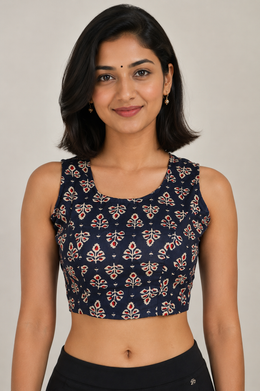Navy Blue Sleeveless Cotton Block Printed Padded Blouse 10077151