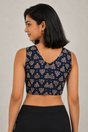 Navy Blue Sleeveless Cotton Block Printed Padded Blouse 10077151