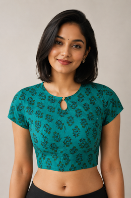 Blue Cotton Block Printed Padded Blouse 10077149
