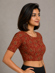 Red Cotton Block Printed Padded Blouse 10077152