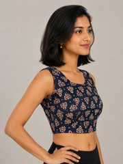 Navy Blue Sleeveless Cotton Block Printed Padded Blouse 10077151