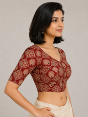 Maroon Cotton Hand Block Printed Padded Blouse 10077153