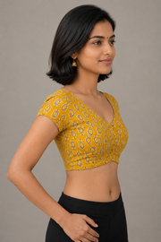 Yellow Cotton Block Printed Padded Blouse 10077147
