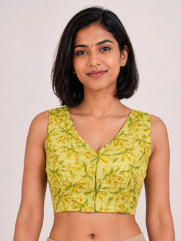 Lime Green Cotton Block Printed Padded Blouse 10077148