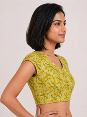 Lime Green Sleeveless Cotton Block Printed Padded Blouse 10077148