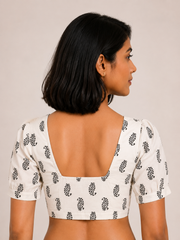 White Cottton Hand Block Printed Padded Blouse With Puff Sleeve 10077150