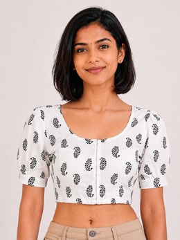 White Cottton Hand Block Printed Padded Blouse With Puff Sleeve 10077150