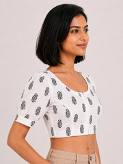 White Cottton Hand Block Printed Padded Blouse With Puff Sleeve 10077150