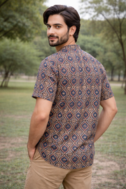 Ajrakh Cotton Men's Short Kurta With Slim-Fit Design & Front Pocket 10076894