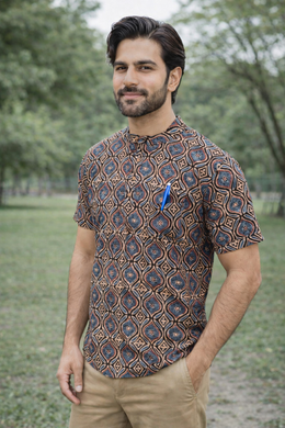 Ajrakh Cotton Men's Short Kurta With Slim-Fit Design & Front Pocket 10076894
