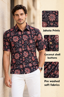 Black Half Sleeve Jahota Printed Cotton Mens Shirt 10074311