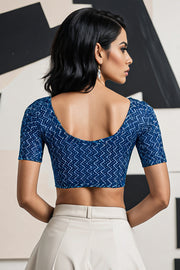 Blue Zigzag Design Indigo Hand Block Print Cotton Blouse 10074566