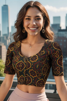 Green Hand Block Ajrakh Printed Cotton Blouse 10074447