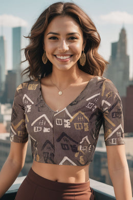 Brown Ajrakh Printed Cotton Blouse 10073362