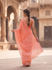Peach Chikankari Embroided Kota Cotton Saree 10078112