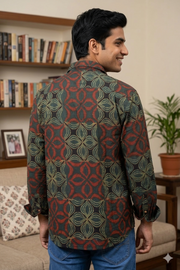 Muted Olive Green Full Sleeve Ajrakh Printed Cotton Men's Shirt 10076866