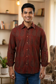 Dark Cherry Maroon Bagh Printed Full Sleeve Men's Cotton Shirt 10076878