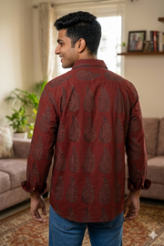 Dark Cherry Maroon Bagh Printed Full Sleeve Men's Cotton Shirt 10076878