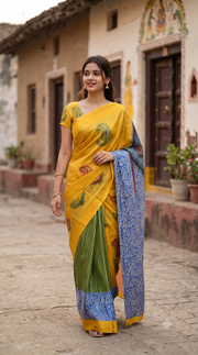 Yellow Printed Semi Tussar Silk Saree 10074901