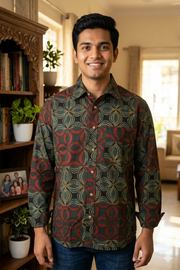 Muted Olive Green Full Sleeve Ajrakh Printed Cotton Men's Shirt 10076866