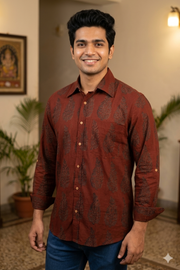 Dark Cherry Maroon Bagh Printed Full Sleeve Men's Cotton Shirt 10076878