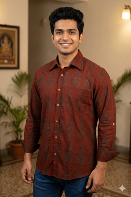 Dark Cherry Maroon Bagh Printed Full Sleeve Men's Cotton Shirt 10076878