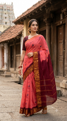Pink Handcrafted Sungudi Cotton With Peacock Border Saree 10077130